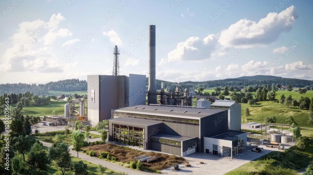 Modern waste-to-energy plant in rural landscape Modern waste-to-energy plant in rural landscape