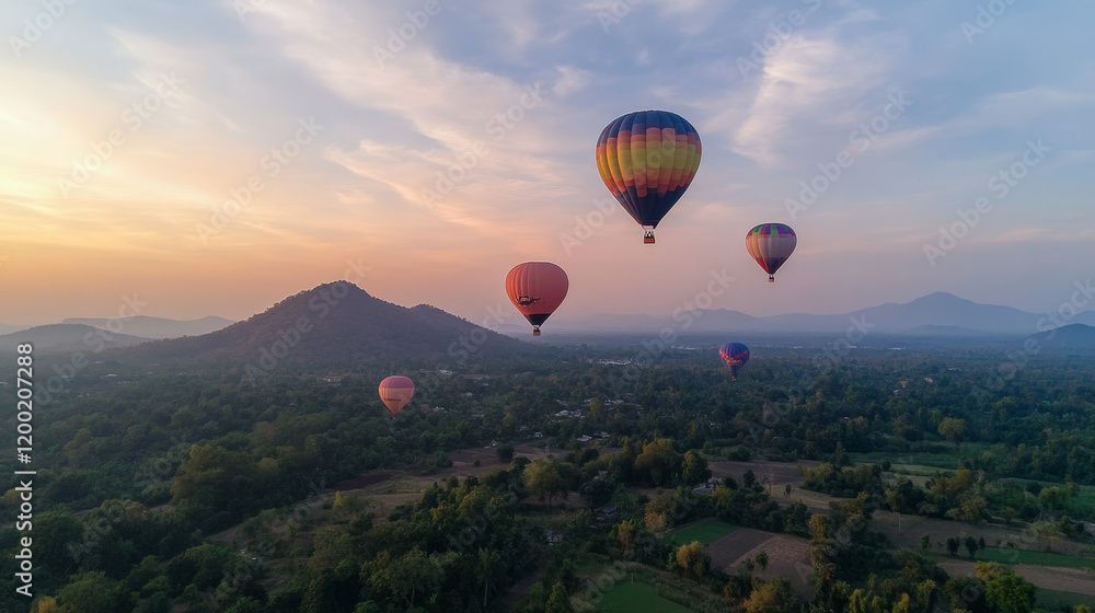 Obraz premium Skybound Symphony: Hot Air Balloons Over Majestic Mountains