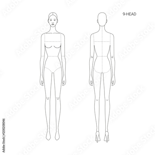 Female line technical drawing croquis for flat fashion sketches and cads. 9 head vector mannequin design. 