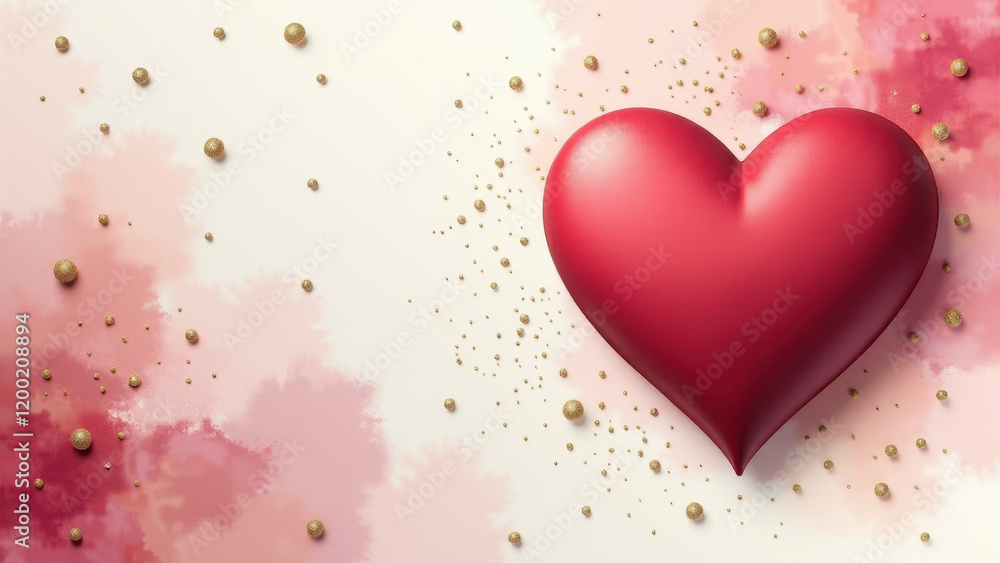 Valentine's Day Love, red Heart on Soft Pink Watercolor Background with Golden Speckles Valentine's Day Love, red Heart on Soft Pink Watercolor Background with Golden Speckles