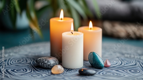 spiritual altar, a bohemian-patterned table adorned with candles, spiritual symbols, and gemstones creating a colorful, radiant tarot altar photo