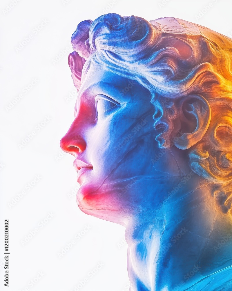 Colorful blue, red, and yellow double-exposure photograph of an antique statue head against a white background Colorful blue, red, and yellow double-exposure photograph of an antique statue head against a white background