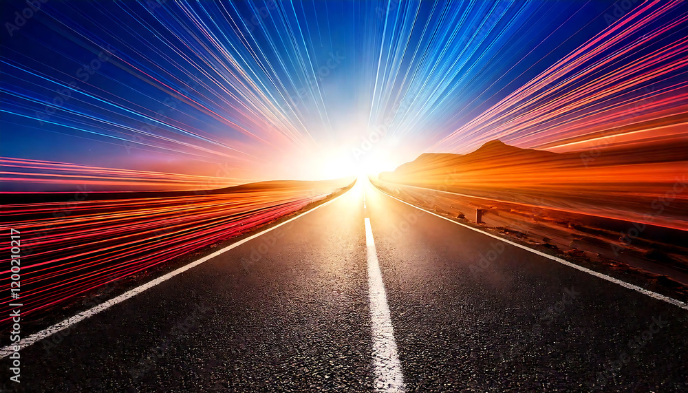 Dramatic sunrise over a highway stretching to the horizon. Vibrant light streaks create a sense of speed and journey. Ideal for concepts of travel, adventure, success, and future. Dramatic sunrise over a highway stretching to the horizon. Vibrant light streaks create a sense of speed and journey. Ideal for concepts of travel, adventure, success, and future.