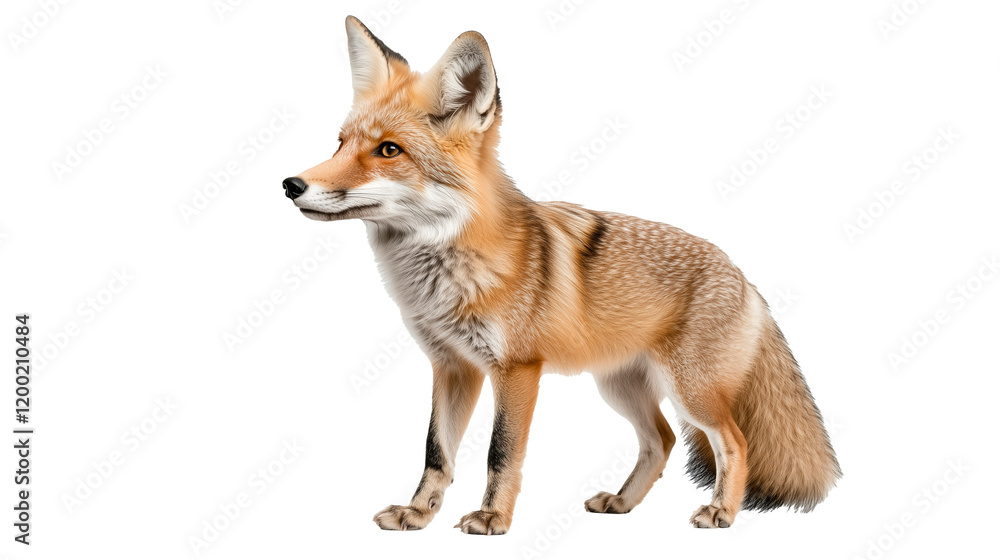 Fototapeta premium View of a fox standing confidently against a white background showcasing its beautiful coat and features