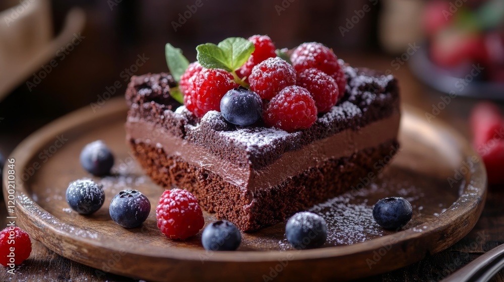 Decadent vegan chocolate cake slice topped with fresh berries and powdered sugar, served on a rustic wooden plate, Decadent vegan chocolate cake slice topped with fresh berries and powdered sugar, served on a rustic wooden plate,