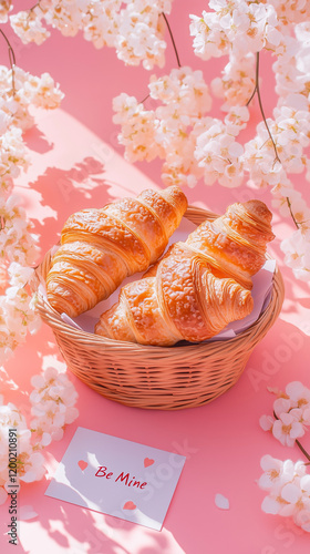 Three golden croissants in a wicker basket surrounded by delicate white flowers and a pink card reading Be Mine on a pastel pink background with soft shadows photo