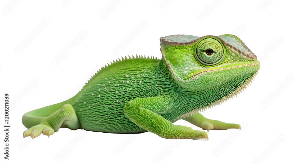 Fototapeta premium Bright green chameleon resting in a serene pose on a white background