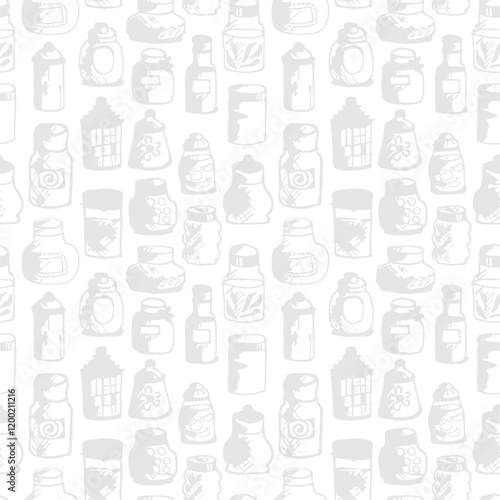 Seamless print pattern with jars and bottles with different food kitchen wallpaper background for textile, paper	
