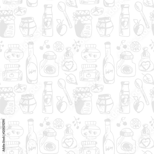 Seamless print pattern with jars and bottles with different food kitchen wallpaper background for textile, paper	
