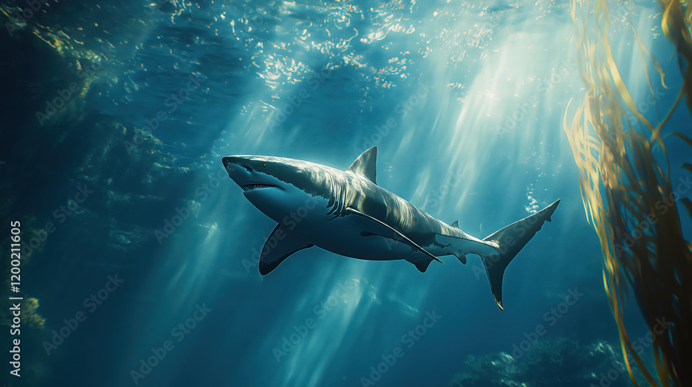 A great white shark swims in a clear ocean underwater, sunlight piercing the water’s surface. perfect for wildlife campaigns, marine biodiversity, stock imagery, or eco-awareness projects. A great white shark swims in a clear ocean underwater, sunlight piercing the water’s surface. perfect for wildlife campaigns, marine biodiversity, stock imagery, or eco-awareness projects.