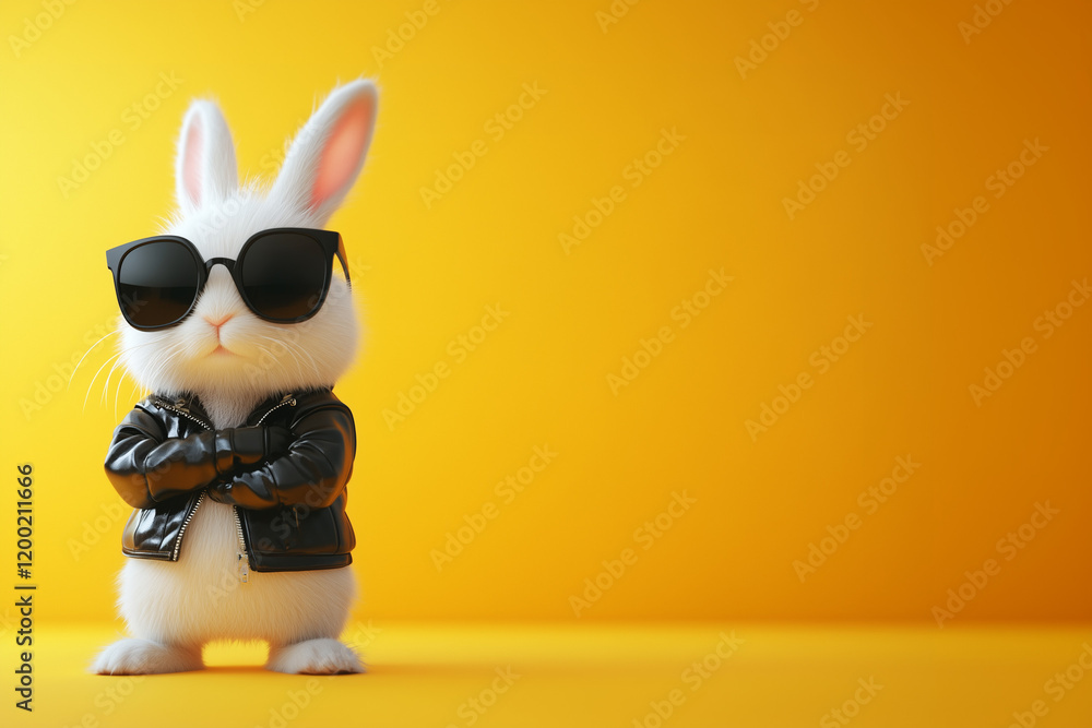 Obraz premium Badass looking Easter bunny character with black sunglasses and leather jacket on yellow background, original Easter design with copy space