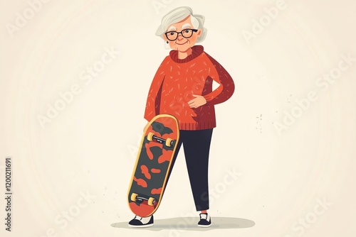 Elderly woman with skateboard in casual attire