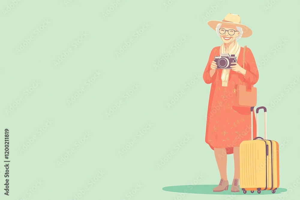 Senior woman on vacation with camera and luggage ready for adventure Senior woman on vacation with camera and luggage ready for adventure