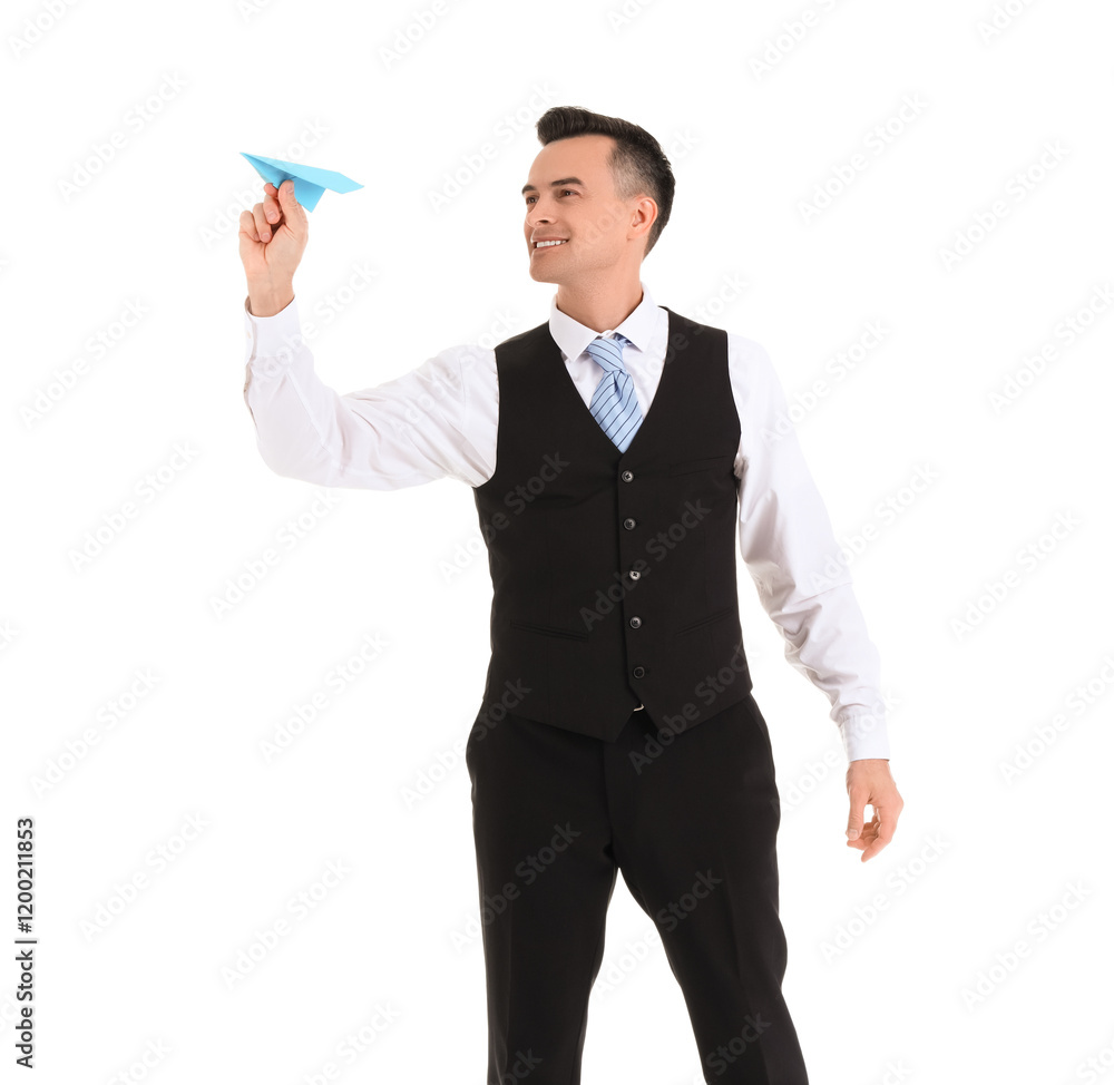 Handsome steward with paper plane on white background Handsome steward with paper plane on white background