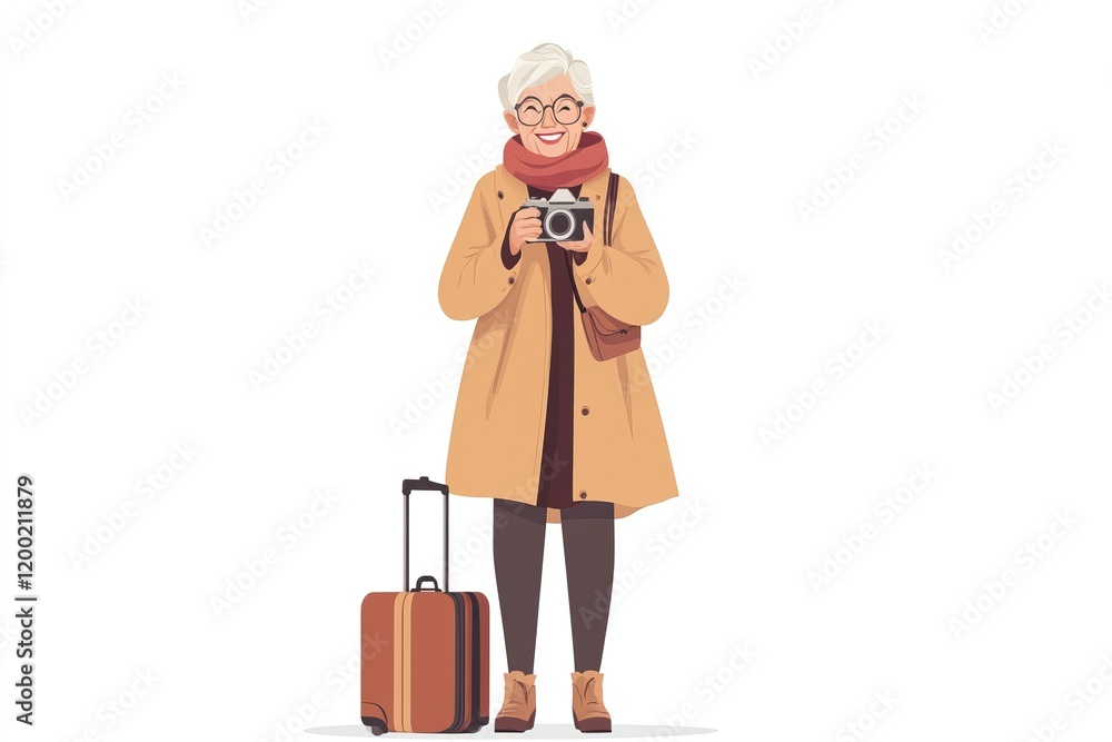 Cheerful senior traveler with camera and luggage Cheerful senior traveler with camera and luggage