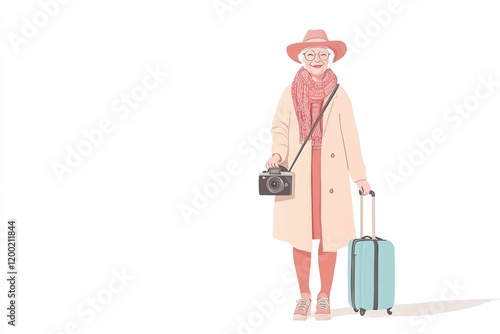 Elderly woman traveler with camera and suitcase ready for a stylish adventure