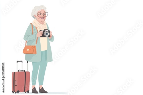 Senior woman traveler with camera and luggage ready for adventure