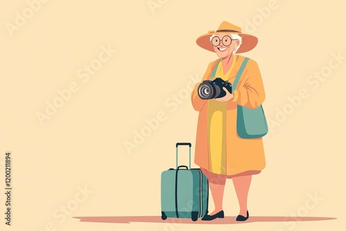 Elderly woman traveler with camera and suitcase for wanderlust and adventure design