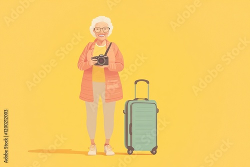 Elderly tourist enjoying travel with camera and luggage against yellow background