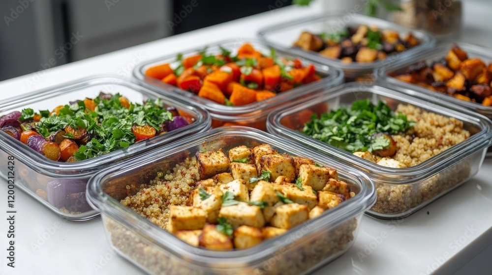Delicious vegan meal prep containers filled with quinoa, tofu, roasted veggies, and fresh herbs, arranged neatly on a white countertop, Delicious vegan meal prep containers filled with quinoa, tofu, roasted veggies, and fresh herbs, arranged neatly on a white countertop,