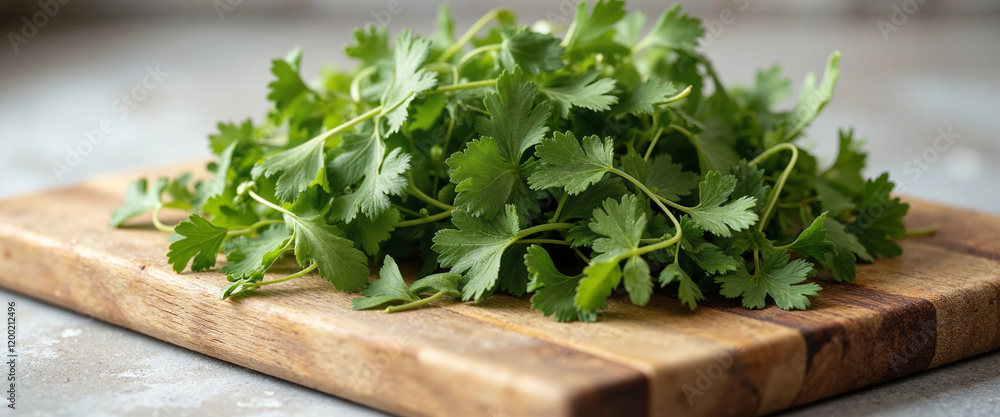 Fresh cilantro leaves on a wooden cutting board, conveying a vibrant and natural essence of cooking ingredients, highlighting their rich green color against a neutral background Fresh cilantro leaves on a wooden cutting board, conveying a vibrant and natural essence of cooking ingredients, highlighting their rich green color against a neutral background