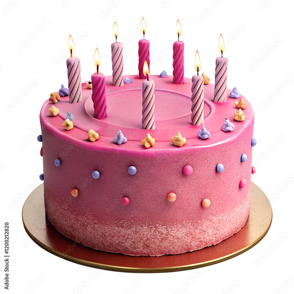 3d watercolor pink  birthday party cake with candles and sprinkles,  isolated soft focus on the transparent background