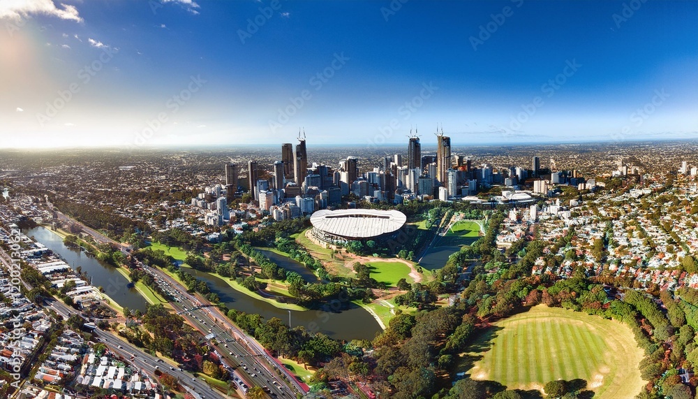 Fototapeta premium Aerial View of Melbourne City and Melbourne Cricket Groundd image