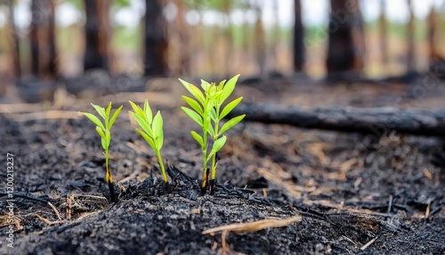 Firefly young plants emerge from charred soil after forest fire restoration efforts photo