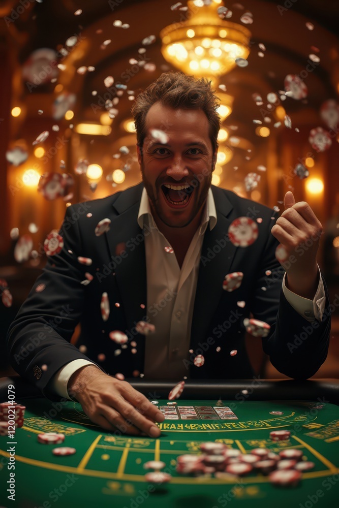 a man in a suit is smiling while playing casino a man in a suit is smiling while playing casino