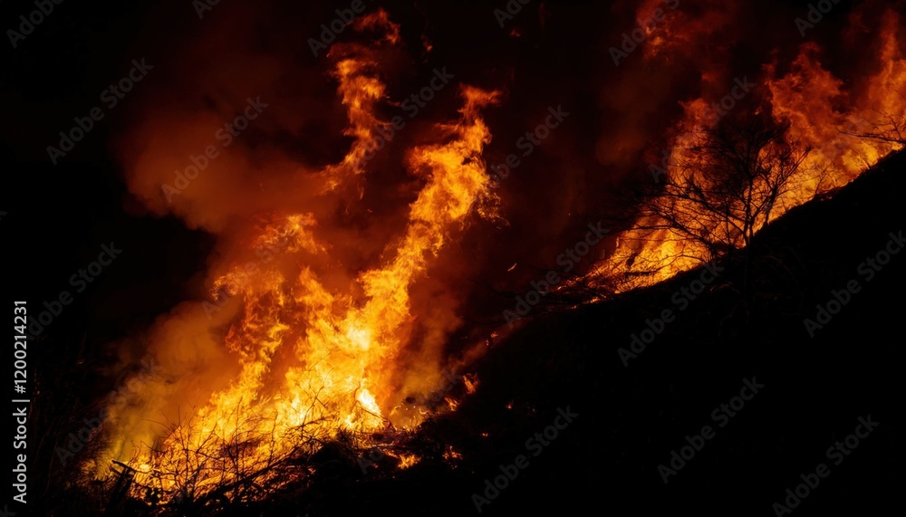 Fire as a symbol of destruction and rebirth in a forest during nighttime