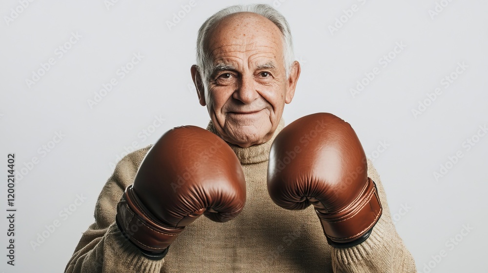Senior joyful man with boxing gloves displaying strength and confidence Senior joyful man with boxing gloves displaying strength and confidence