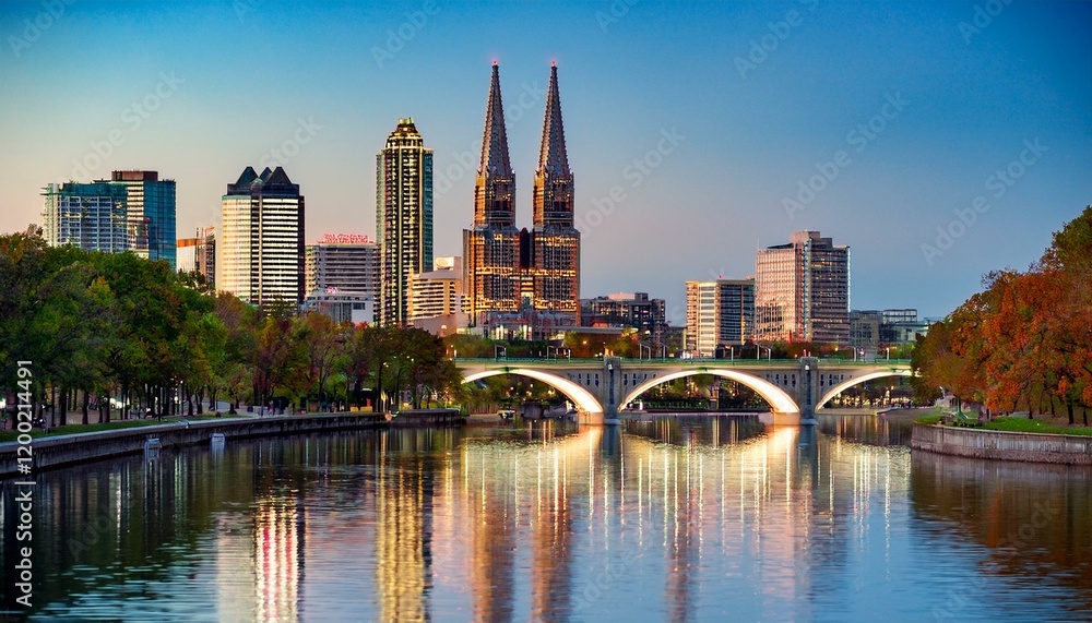 Naklejka premium Generated imageTitle: Melbourne Skyline with Yarra River and Princes Bridge at Dusk