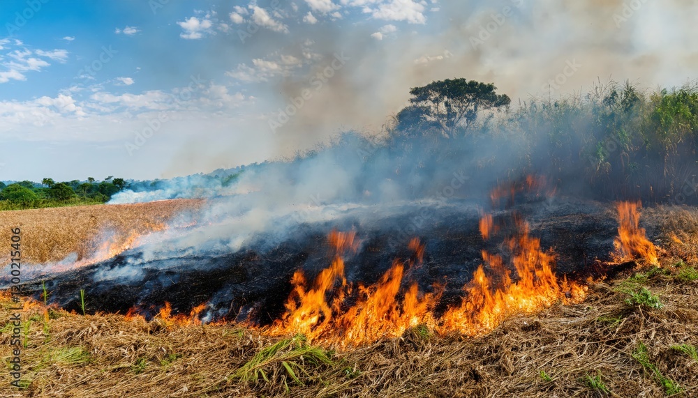 Intense fire spreads through agricultural fields in rural area affecting crops and surrounding vegetation Intense fire spreads through agricultural fields in rural area affecting crops and surrounding vegetation