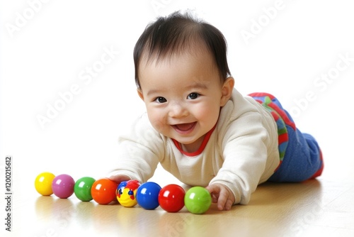 Joyful Portrait of an Asian Baby Engaged in Playtime with Colorful Toys
