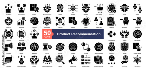 Product Recommendation Icon Collection Set.Containing Personalized, Product, Recommendation, Badge, Algorithm, Upselling, Cross selling, Real time icon. Simple glyph style Vector Illustration.