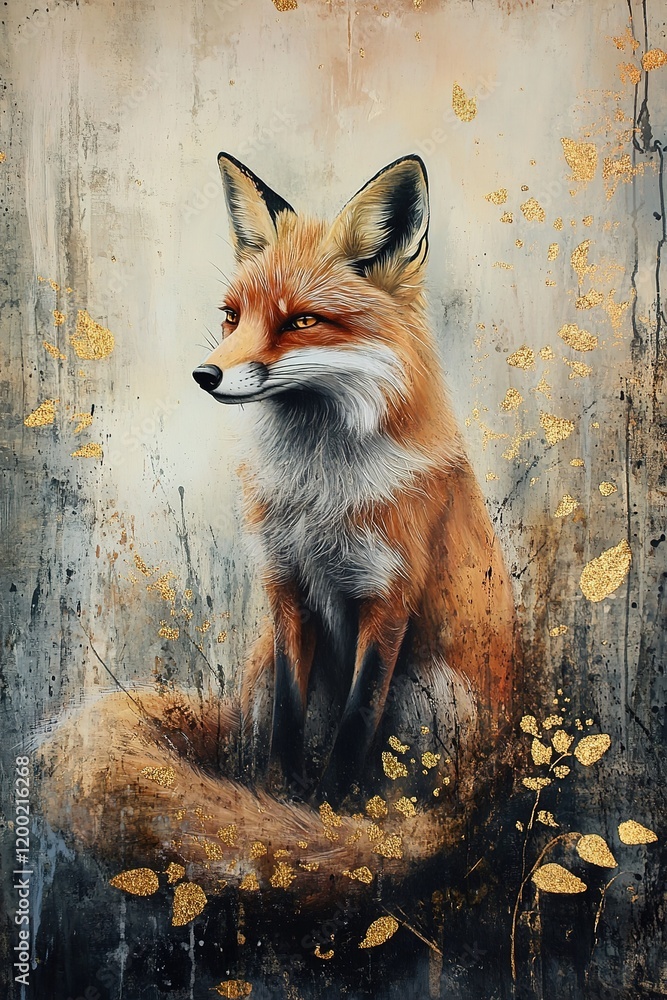 Fototapeta premium vertical oil painting red fox surrounded by golden leaves on canvas, abstract acrylic textured rough brushstrokes background