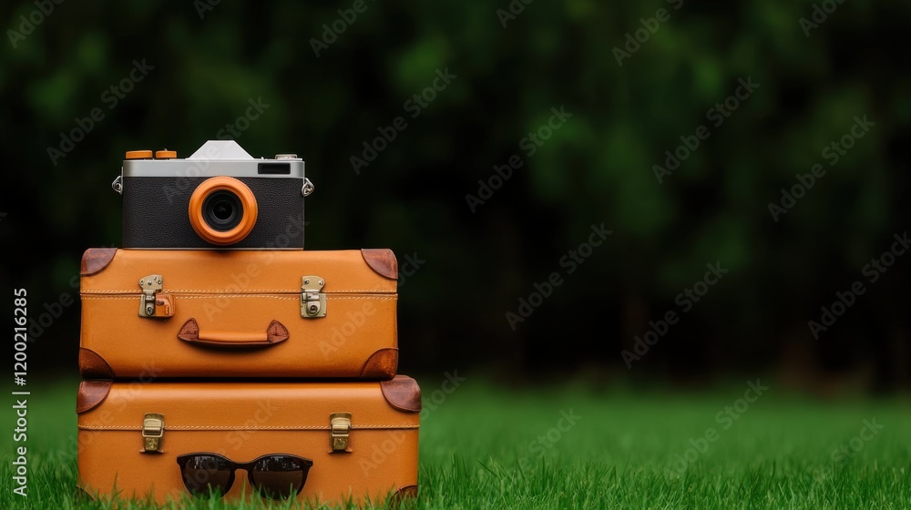 Obraz premium travel necessities, a vintage suitcase sits on green grass with travel essentials like a camera, sunglasses, and a map, a perfect spring vacation scene