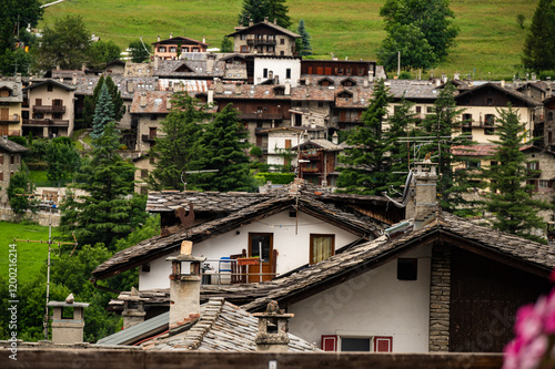 View of the mountain village of Courmayeur in Aosta valley, Italy. 
 photo