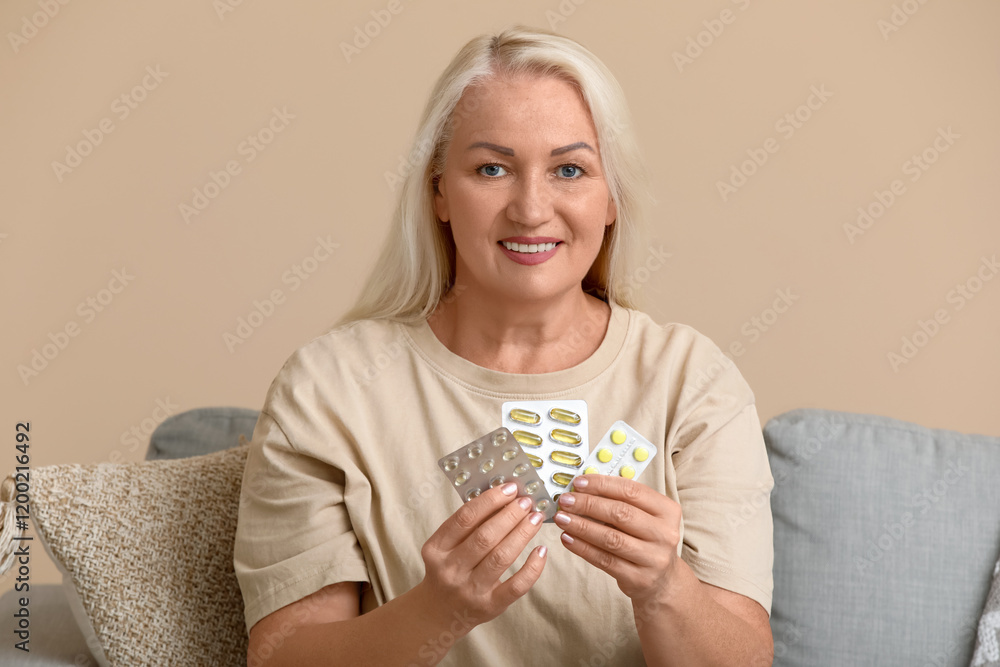 Beautiful mature woman with pills at home