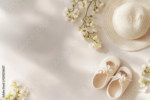 top view minimalistic photo with copy space white baby shoes and a matching hat arranged neatly on a neutral surface with flowers photo