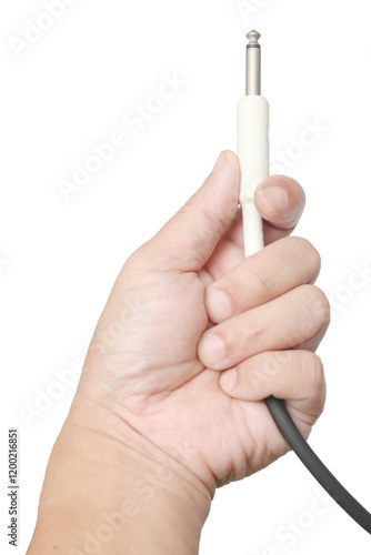 hand holding jack plug audio cable isolated on white background photo