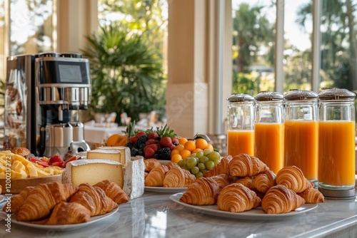 Delightful breakfast spread featuring fresh pastries, fruits, and juice in a sunlit setting photo