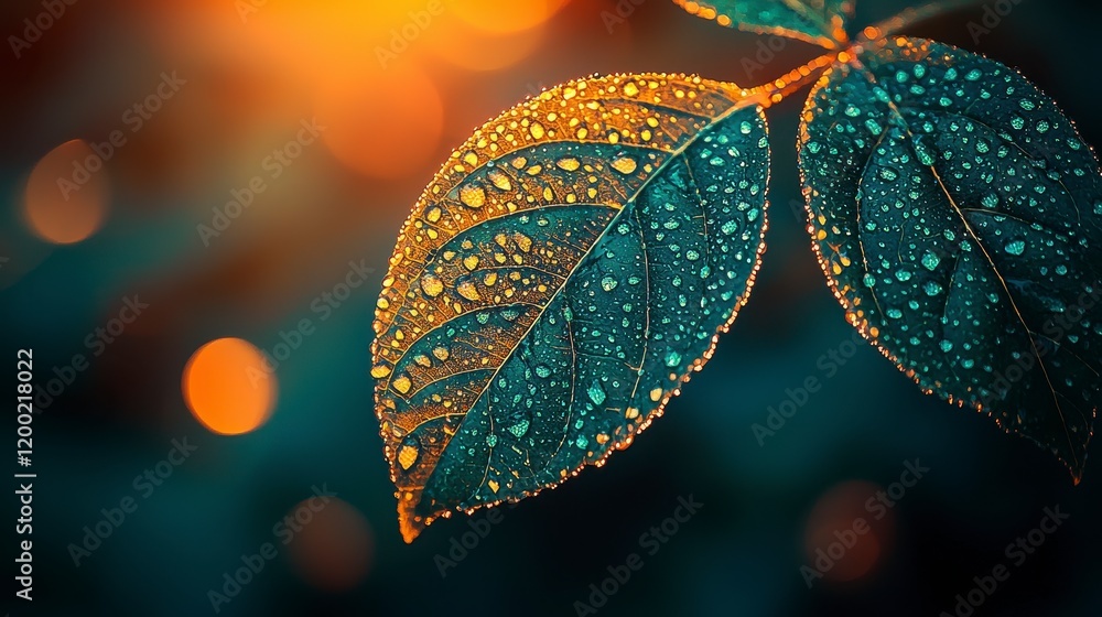 Dew drops on vibrant teal and gold leaves at sunset. Dew drops on vibrant teal and gold leaves at sunset.