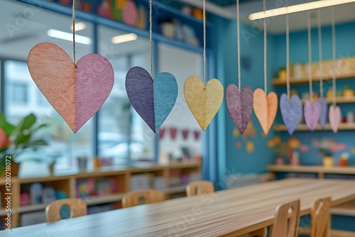 A colorful classroom decorated with paper hearts hanging on strings, evoking a festive and loving atmosphere photo