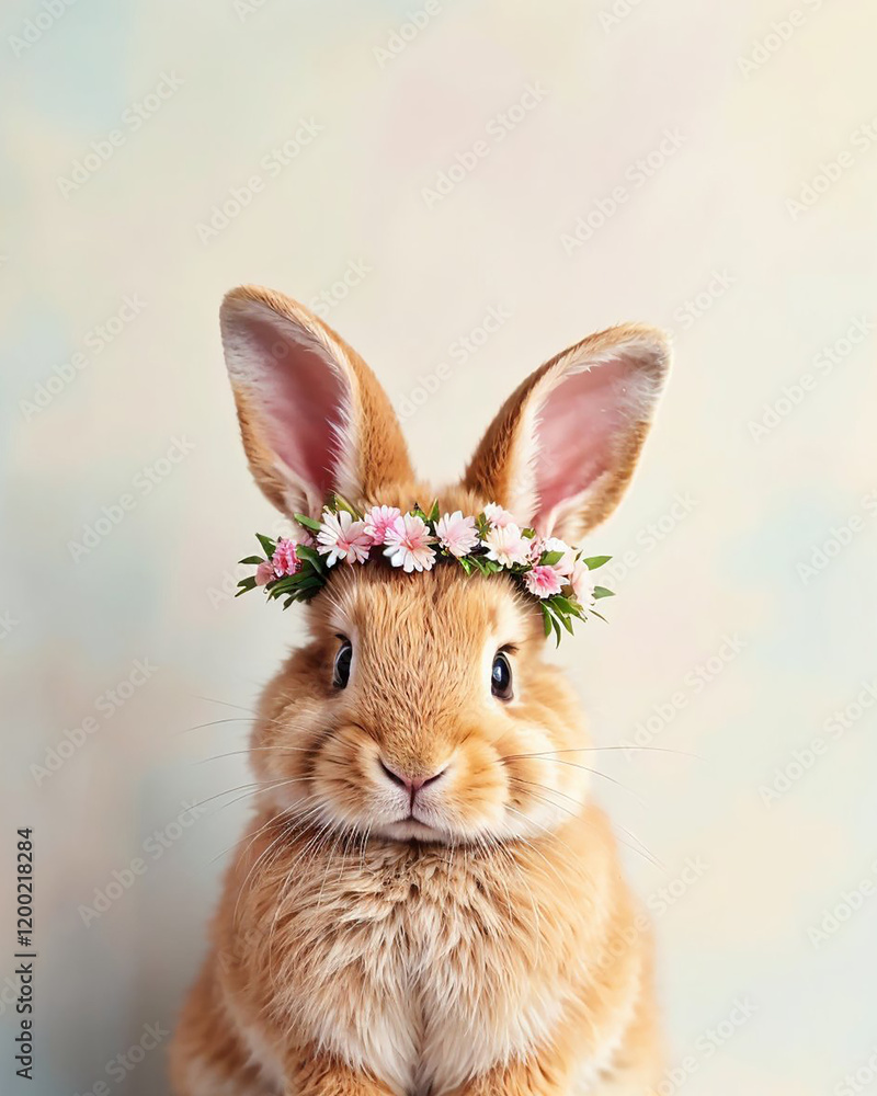 Cute Easter bunny rabbit with floral crown with spring flowers isolated in front of a wall with textured wallpaper in pastel colors Cute Easter bunny rabbit with floral crown with spring flowers isolated in front of a wall with textured wallpaper in pastel colors