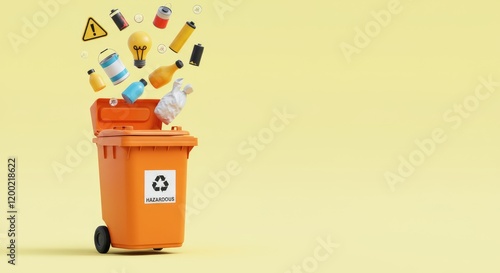 Mixed waste and hazardous items floating above orange recycling bin on yellow background