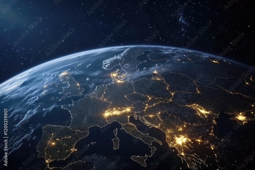 Obraz premium Worldwide Connection: A Conceptual View of Planet Earth with Network Lines and City Lights from Space