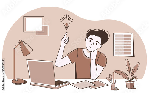 A man at his desk, deep in his work plan and project. A sudden idea came to him in a moment of inspiration. Around him is a laptop, a lamp, papers and a plant. The color of chocolate and coffee.