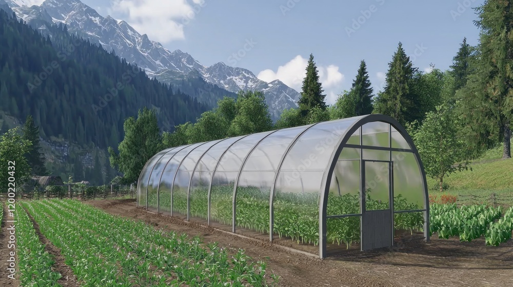 Mountain farm greenhouse, plants growing, sunny day Mountain farm greenhouse, plants growing, sunny day