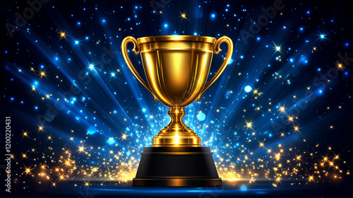 Golden trophy on dark blue background, concept of celebration and victory, 3D rendering.